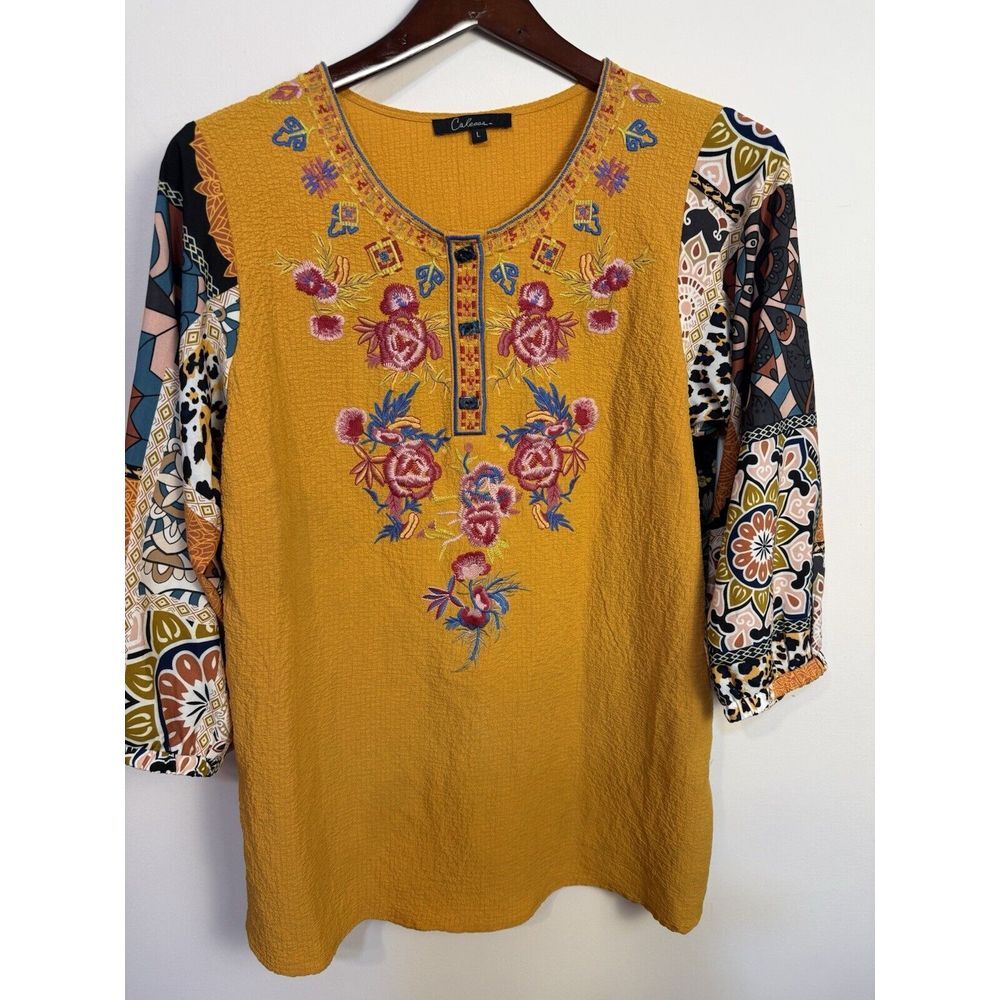 Caleesa Women Shirt Embroidered Multicolor‎ Art To Wear Multimedia Boho L